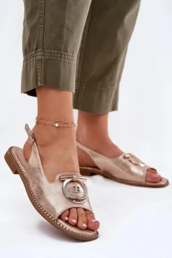 New Damskie buty S.Barski Eleganckie Sandały Z Ozdobą Na Płaskim Obcasie S.Barski KV51-003 Różowe Złoto Złoty