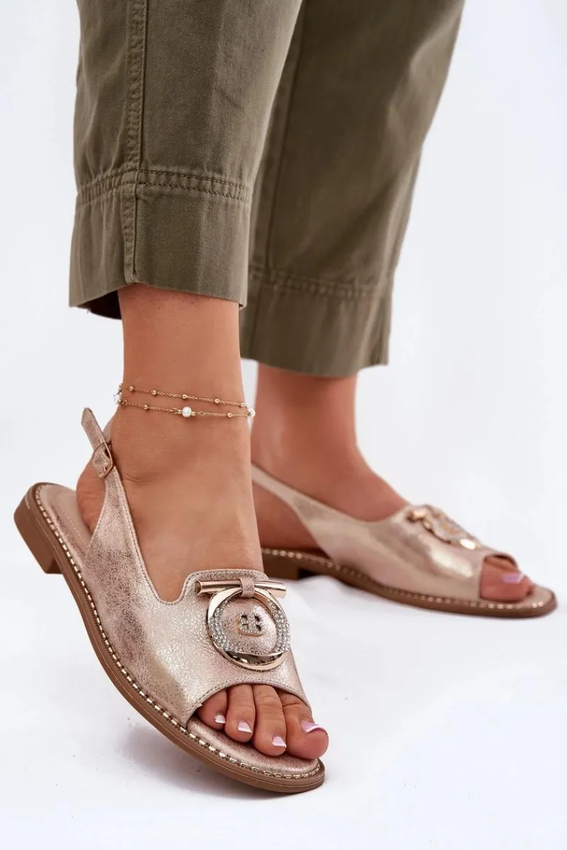 New Damskie buty S.Barski Eleganckie Sandały Z Ozdobą Na Płaskim Obcasie S.Barski KV51-003 Różowe Złoto Złoty