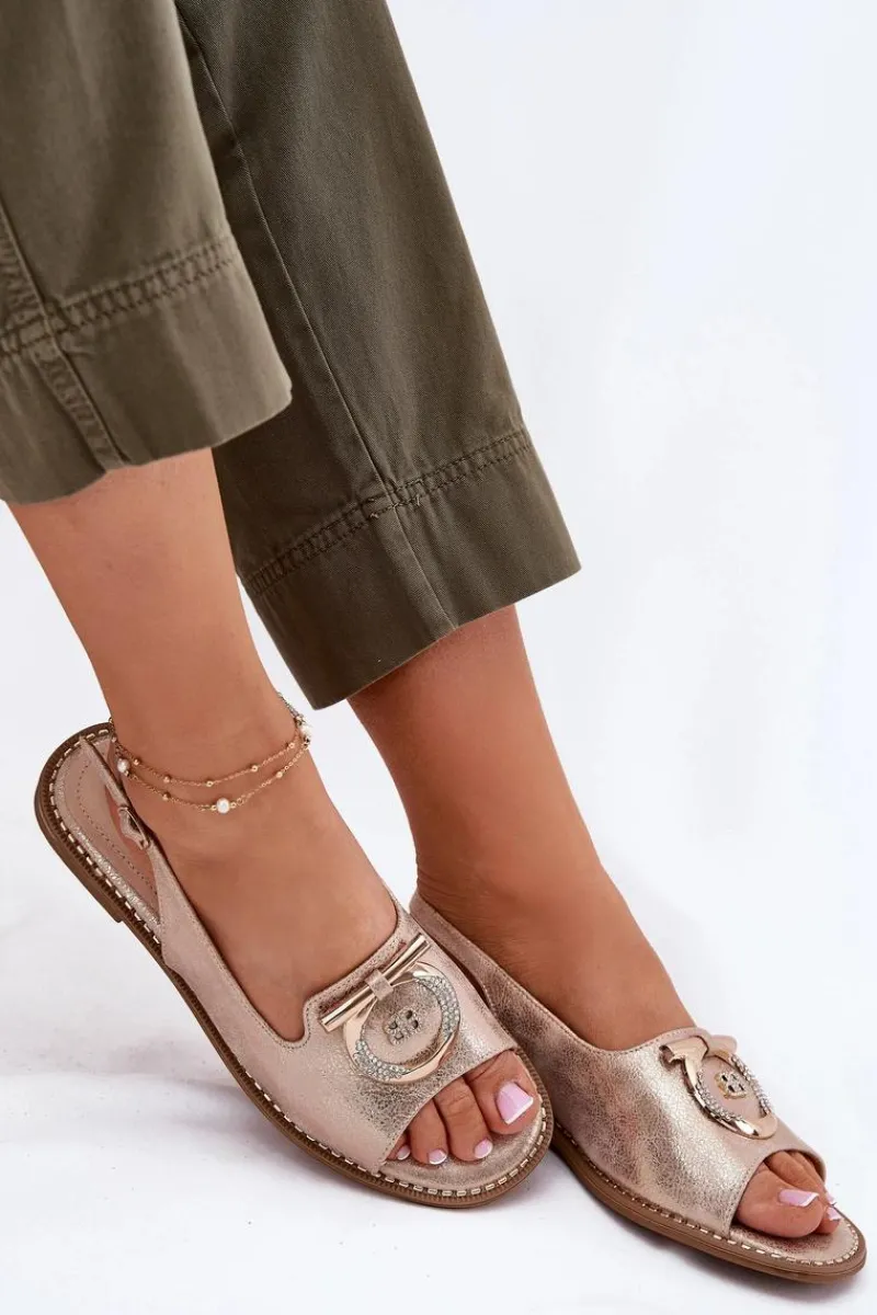 New Damskie buty S.Barski Eleganckie Sandały Z Ozdobą Na Płaskim Obcasie S.Barski KV51-003 Różowe Złoto Złoty