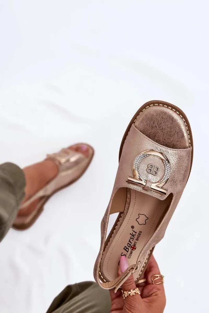 New Damskie buty S.Barski Eleganckie Sandały Z Ozdobą Na Płaskim Obcasie S.Barski KV51-003 Różowe Złoto Złoty