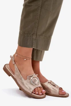 New Damskie buty S.Barski Eleganckie Sandały Z Ozdobą Na Płaskim Obcasie S.Barski KV51-003 Różowe Złoto Złoty