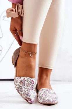 Discount Laura Messi Eleganckie Skórzane Baleriny W Kwiaty 1110 Białe