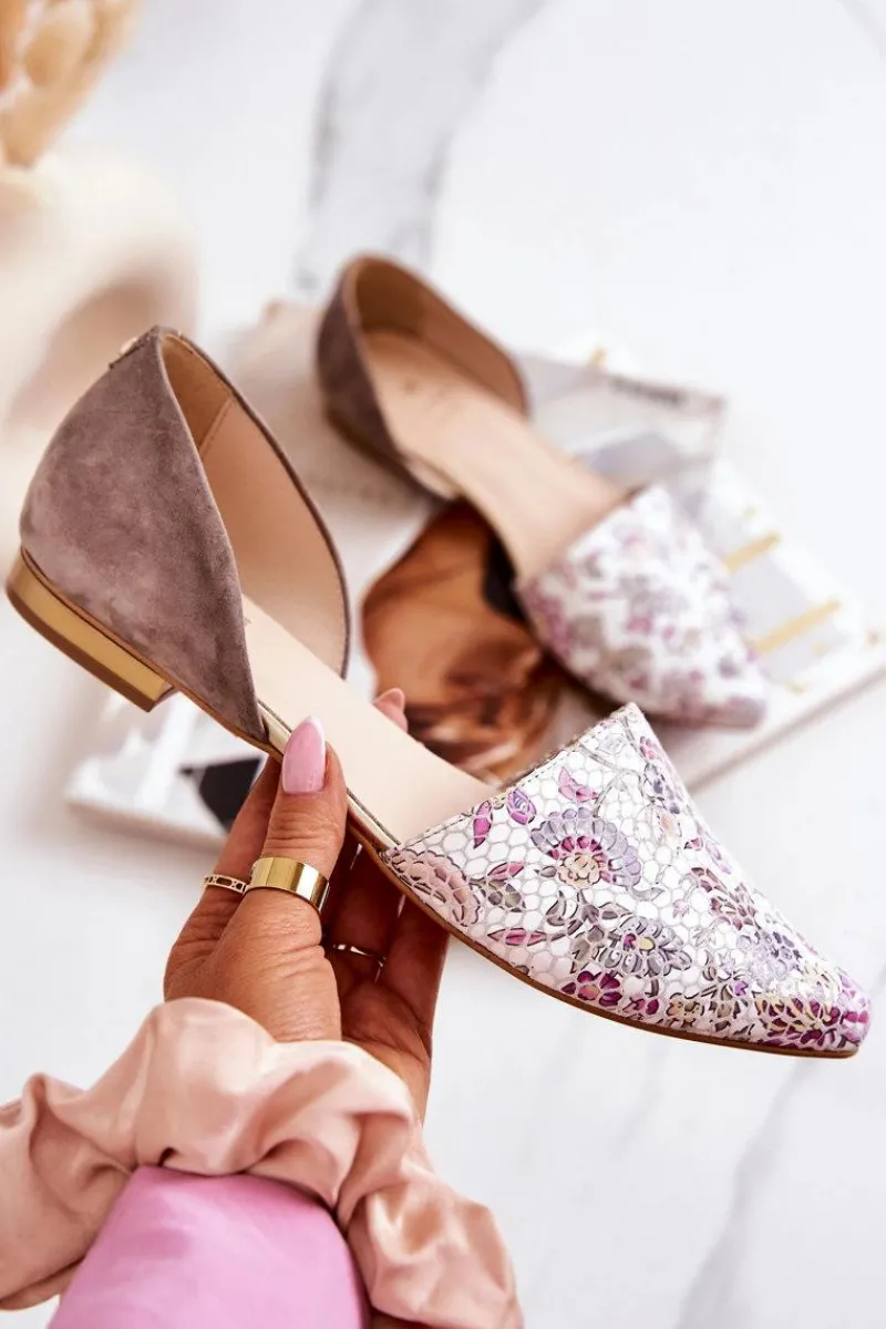 Discount Laura Messi Eleganckie Skórzane Baleriny W Kwiaty 1110 Białe