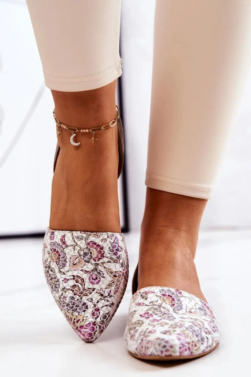 Discount Laura Messi Eleganckie Skórzane Baleriny W Kwiaty 1110 Białe