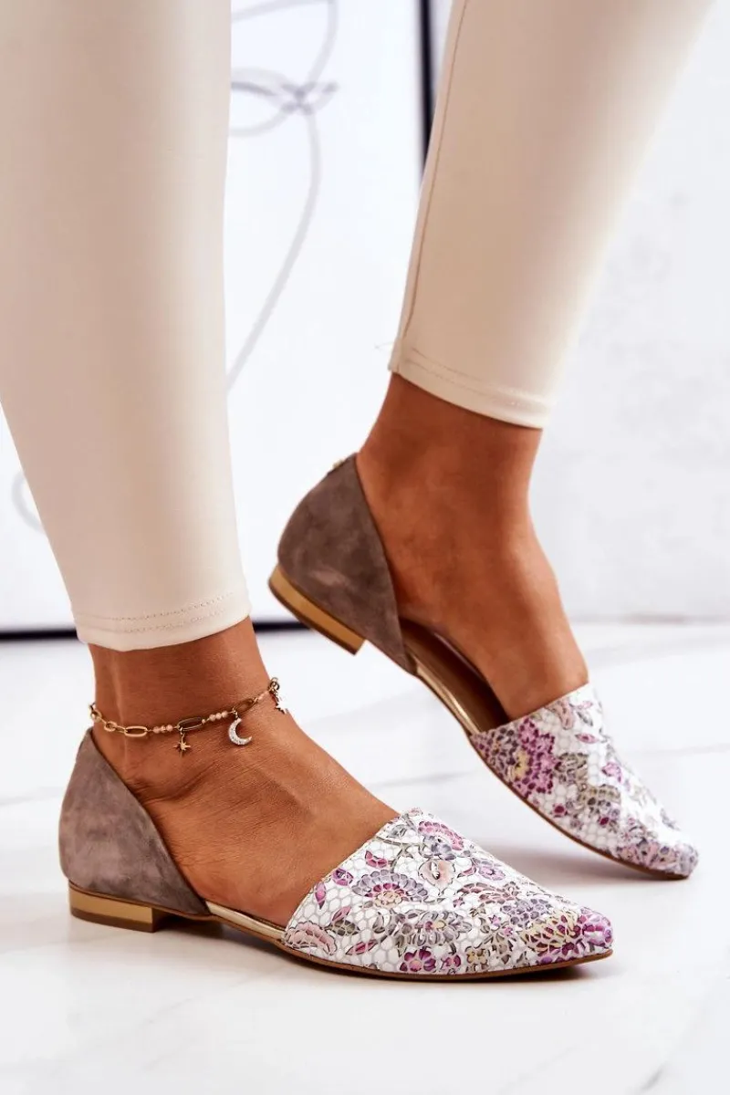 Discount Laura Messi Eleganckie Skórzane Baleriny W Kwiaty 1110 Białe