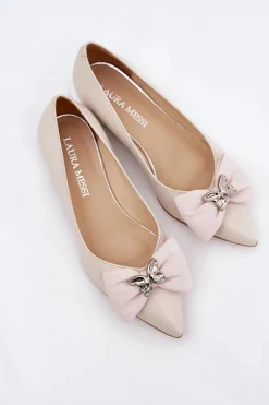 Best Laura Messi Eleganckie Skórzane Baleriny Damskie Z Kokardką 2893 Beżowe