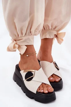 Best Eleganckie Skórzane Klapki Damskie Na Koturnie Z Ozdobą 56C1585 Beżowe Damskie Klapki Na Koturnie|Klapki Damskie Klasyczne