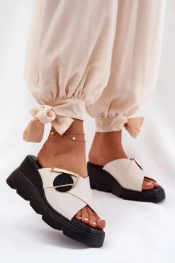 Best Eleganckie Skórzane Klapki Damskie Na Koturnie Z Ozdobą 56C1585 Beżowe Damskie Klapki Na Koturnie|Klapki Damskie Klasyczne