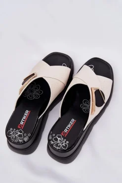 Best Eleganckie Skórzane Klapki Damskie Na Koturnie Z Ozdobą 56C1585 Beżowe Damskie Klapki Na Koturnie|Klapki Damskie Klasyczne