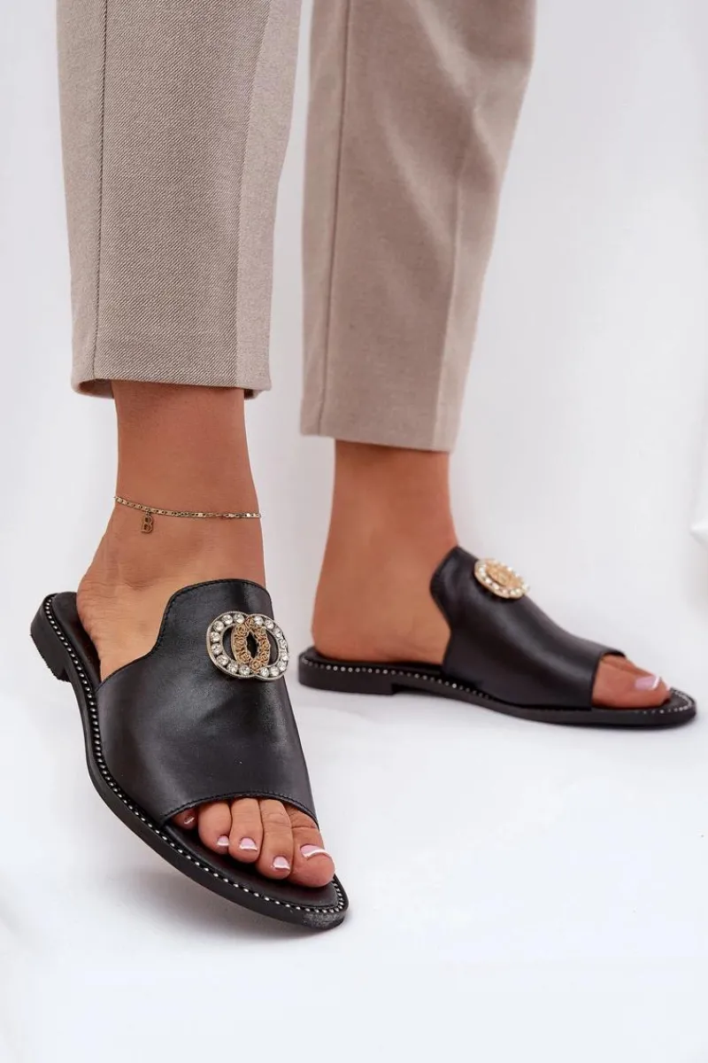 New Zazoo Eleganckie Skórzane Klapki Damskie Z Ozdobą 3008 Czarne Czarny