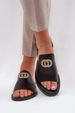 New Zazoo Eleganckie Skórzane Klapki Damskie Z Ozdobą 3008 Czarne Czarny