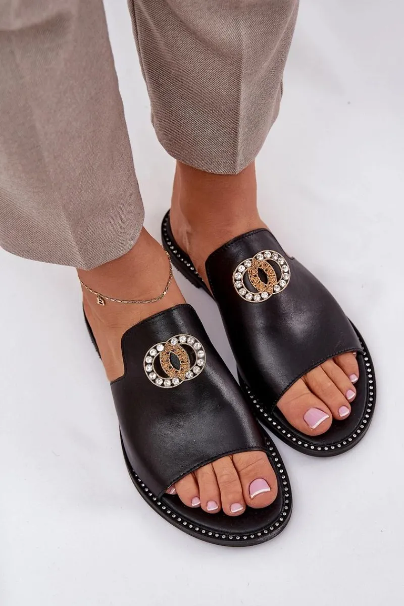 New Zazoo Eleganckie Skórzane Klapki Damskie Z Ozdobą 3008 Czarne Czarny