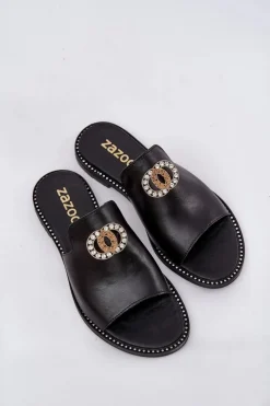 New Zazoo Eleganckie Skórzane Klapki Damskie Z Ozdobą 3008 Czarne Czarny