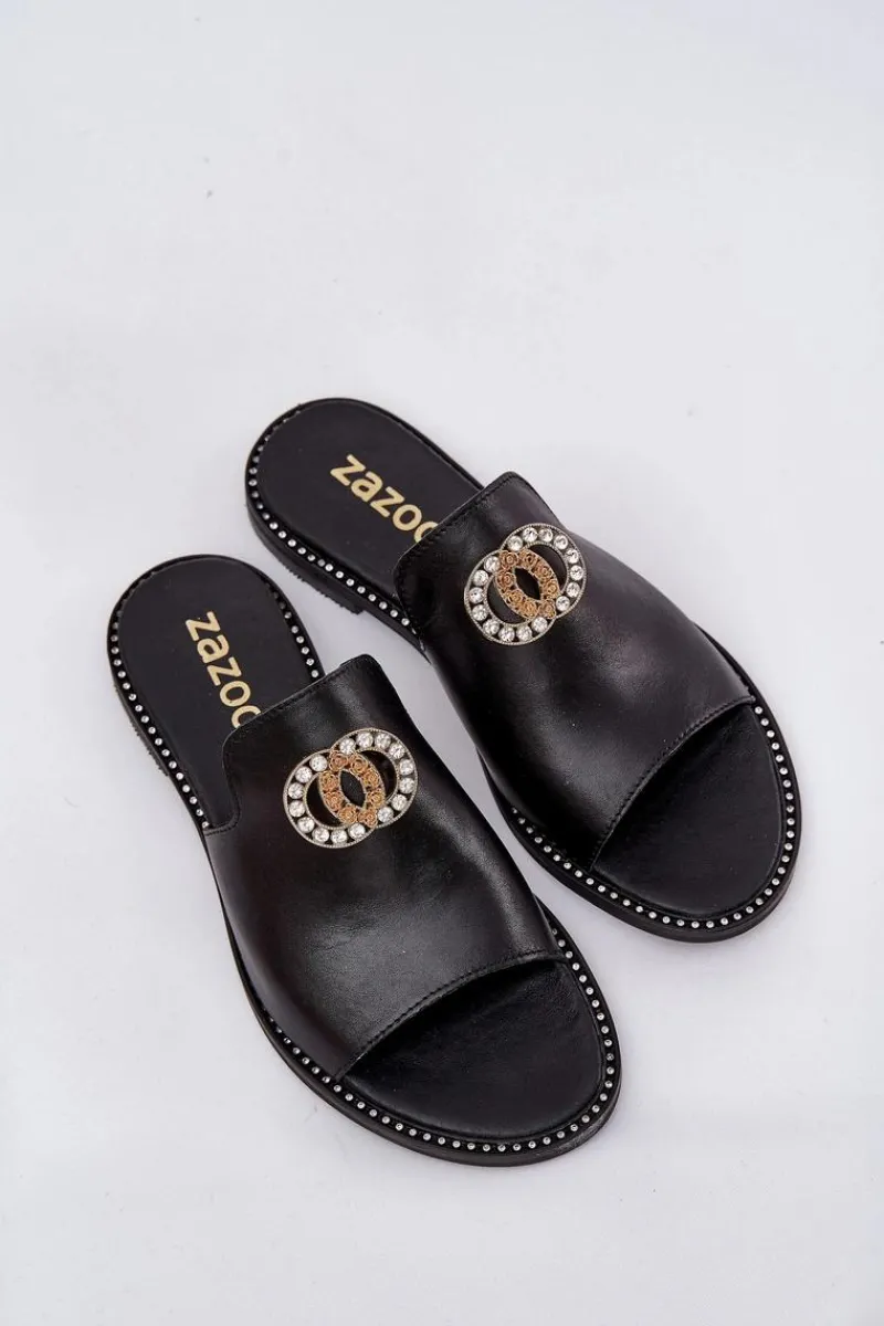 New Zazoo Eleganckie Skórzane Klapki Damskie Z Ozdobą 3008 Czarne Czarny