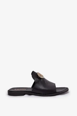 New Zazoo Eleganckie Skórzane Klapki Damskie Z Ozdobą 3008 Czarne Czarny