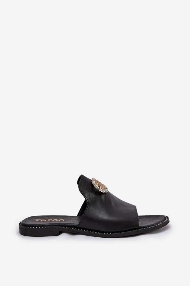 New Zazoo Eleganckie Skórzane Klapki Damskie Z Ozdobą 3008 Czarne Czarny