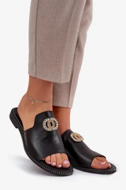 New Zazoo Eleganckie Skórzane Klapki Damskie Z Ozdobą 3008 Czarne Czarny