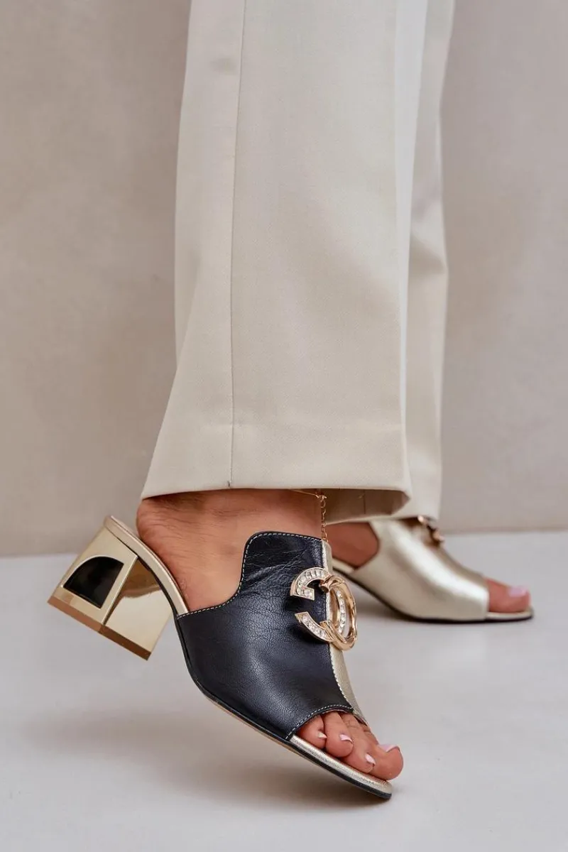 Laura Messi Eleganckie Skórzane Klapki Na Obcasie 2875 Czarno-Złote