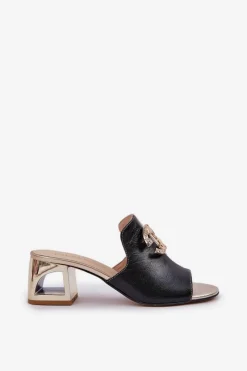 Laura Messi Eleganckie Skórzane Klapki Na Obcasie 2875 Czarno-Złote