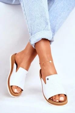 Eleganckie Skórzane Klapki Białe Nicole 2495 Damskie Klapki Damskie Klasyczne