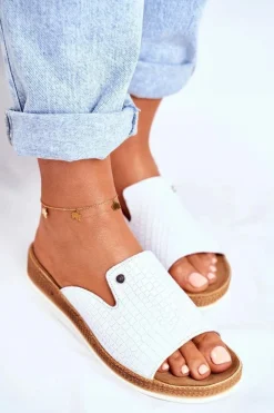 Eleganckie Skórzane Klapki Białe Nicole 2495 Damskie Klapki Damskie Klasyczne