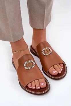 Discount Zazoo Eleganckie Skórzane Klapki Damskie Z Ozdobą 3008 Camel Brązowy