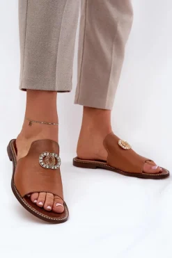 Discount Zazoo Eleganckie Skórzane Klapki Damskie Z Ozdobą 3008 Camel Brązowy