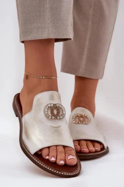 Eleganckie Skórzane Klapki Damskie Z Ozdobą 3008 Przecierany Damskie Klapki Damskie Klasyczne