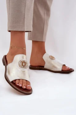 Eleganckie Skórzane Klapki Damskie Z Ozdobą 3008 Przecierany Damskie Klapki Damskie Klasyczne