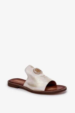 Eleganckie Skórzane Klapki Damskie Z Ozdobą 3008 Przecierany Damskie Klapki Damskie Klasyczne