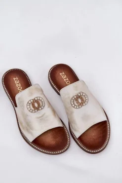 Eleganckie Skórzane Klapki Damskie Z Ozdobą 3008 Przecierany Damskie Klapki Damskie Klasyczne