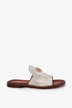 Eleganckie Skórzane Klapki Damskie Z Ozdobą 3008 Przecierany Damskie Klapki Damskie Klasyczne