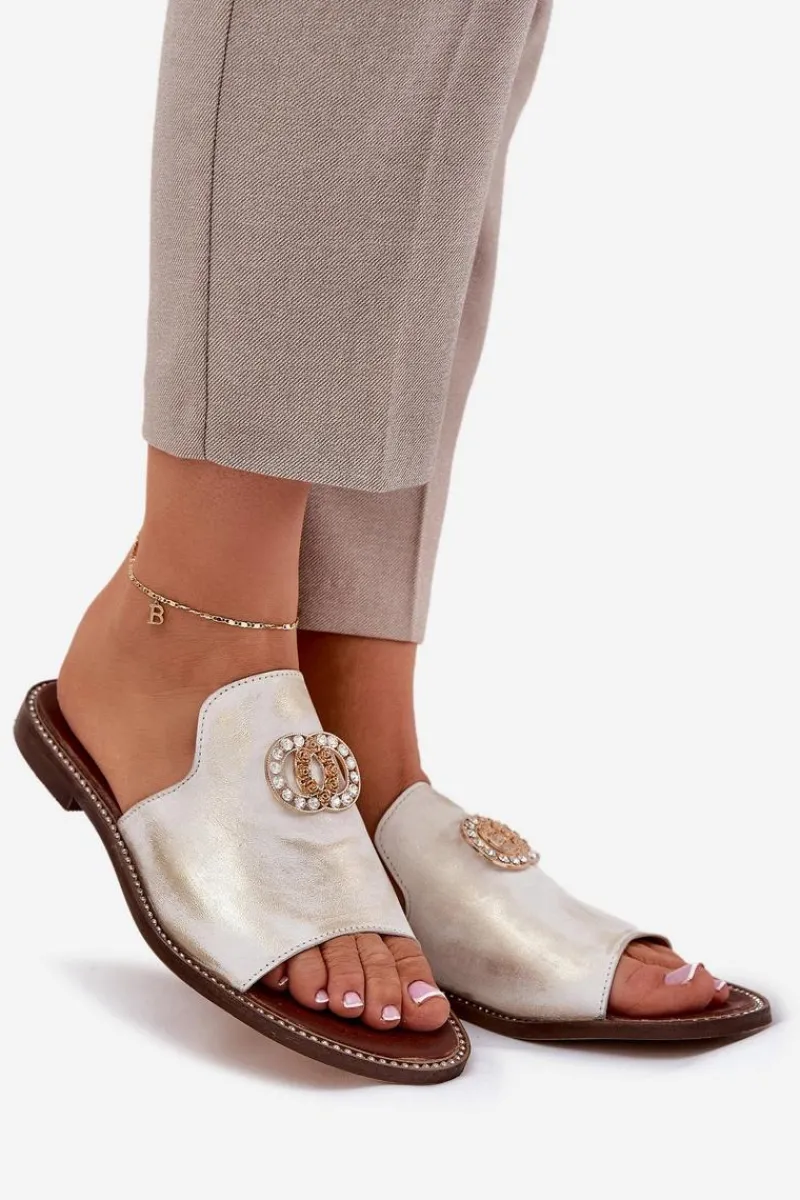 Eleganckie Skórzane Klapki Damskie Z Ozdobą 3008 Przecierany Damskie Klapki Damskie Klasyczne