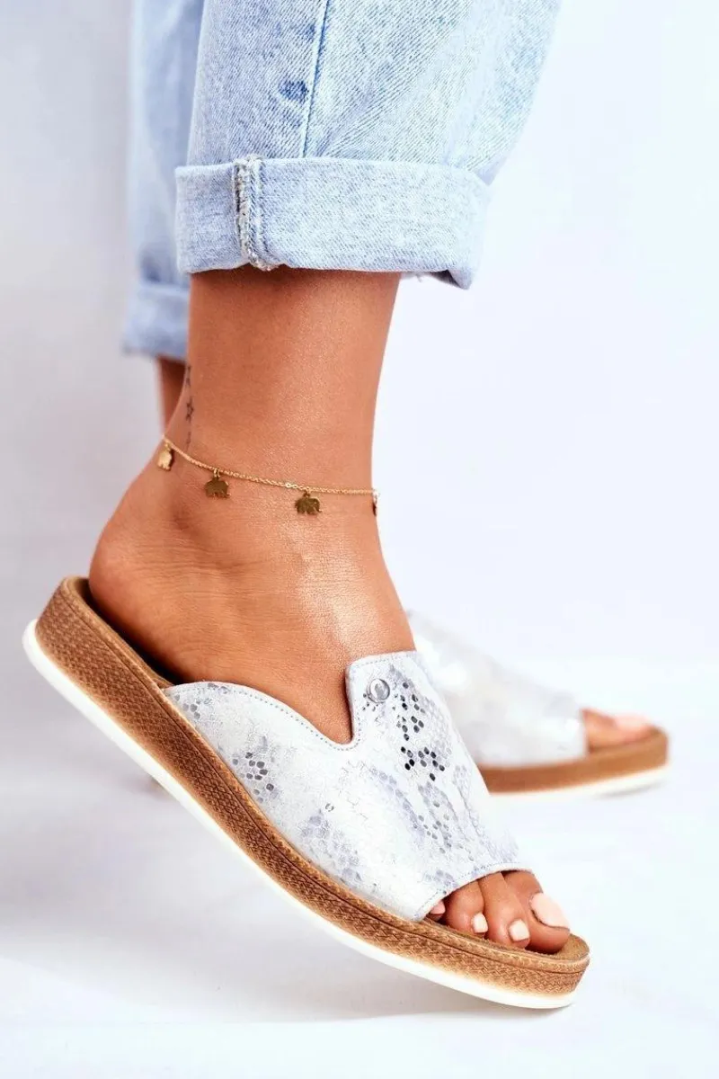 Boto Eleganckie Skórzane Klapki Wzór Zwierzęcy Białe Nicole 2495