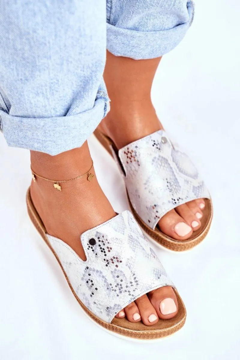 Boto Eleganckie Skórzane Klapki Wzór Zwierzęcy Białe Nicole 2495