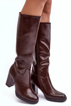 Sale Boto Eleganckie Skórzane Kozaki Przed Kolano Na Słupku Brązowe Felsha