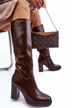 Sale Boto Eleganckie Skórzane Kozaki Przed Kolano Na Słupku Brązowe Felsha