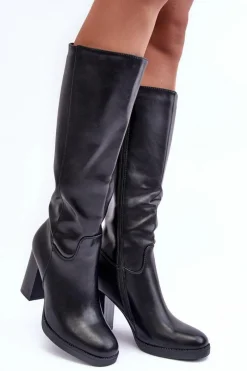 New Eleganckie Skórzane Kozaki Przed Kolano Na Słupku Czarne Felsha Damskie Kozaki Przed Kolano|Kozaki Na Obcasie