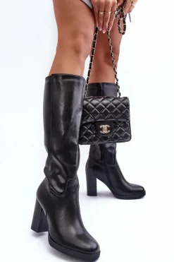 New Eleganckie Skórzane Kozaki Przed Kolano Na Słupku Czarne Felsha Damskie Kozaki Przed Kolano|Kozaki Na Obcasie