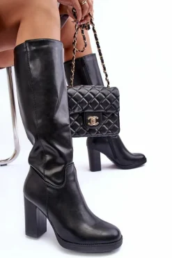 New Eleganckie Skórzane Kozaki Przed Kolano Na Słupku Czarne Felsha Damskie Kozaki Przed Kolano|Kozaki Na Obcasie