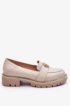 Discount Eleganckie Skórzane Mokasyny Jasnobeżowe Laverne Damskie Mokasyny Damskie Skórzane