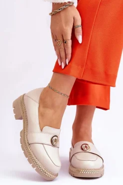 Discount Eleganckie Skórzane Mokasyny Jasnobeżowe Laverne Damskie Mokasyny Damskie Skórzane