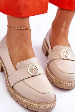 Discount Eleganckie Skórzane Mokasyny Jasnobeżowe Laverne Damskie Mokasyny Damskie Skórzane