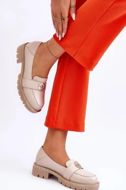 Discount Eleganckie Skórzane Mokasyny Jasnobeżowe Laverne Damskie Mokasyny Damskie Skórzane