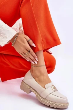 Discount Eleganckie Skórzane Mokasyny Jasnobeżowe Laverne Damskie Mokasyny Damskie Skórzane