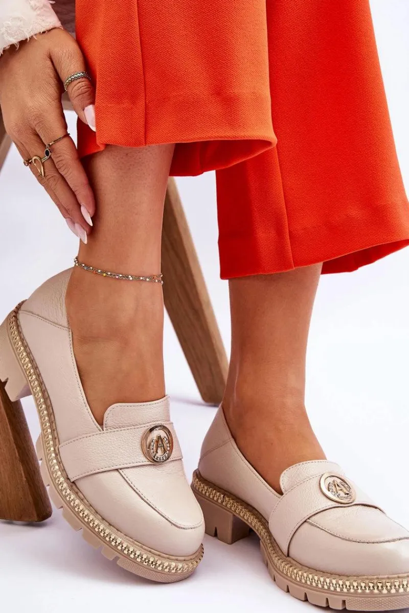 Discount Eleganckie Skórzane Mokasyny Jasnobeżowe Laverne Damskie Mokasyny Damskie Skórzane