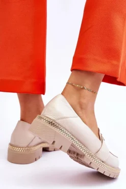 Discount Eleganckie Skórzane Mokasyny Jasnobeżowe Laverne Damskie Mokasyny Damskie Skórzane