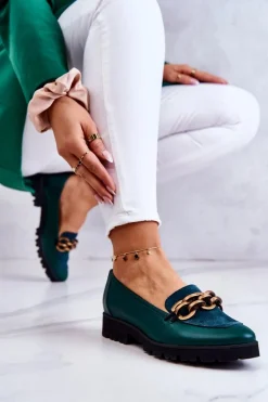 New Eleganckie Skórzane Mokasyny Z Łańcuchem Zielone Geneva Damskie Mokasyny Damskie Skórzane|Mokasyny Damskie Zamszowe