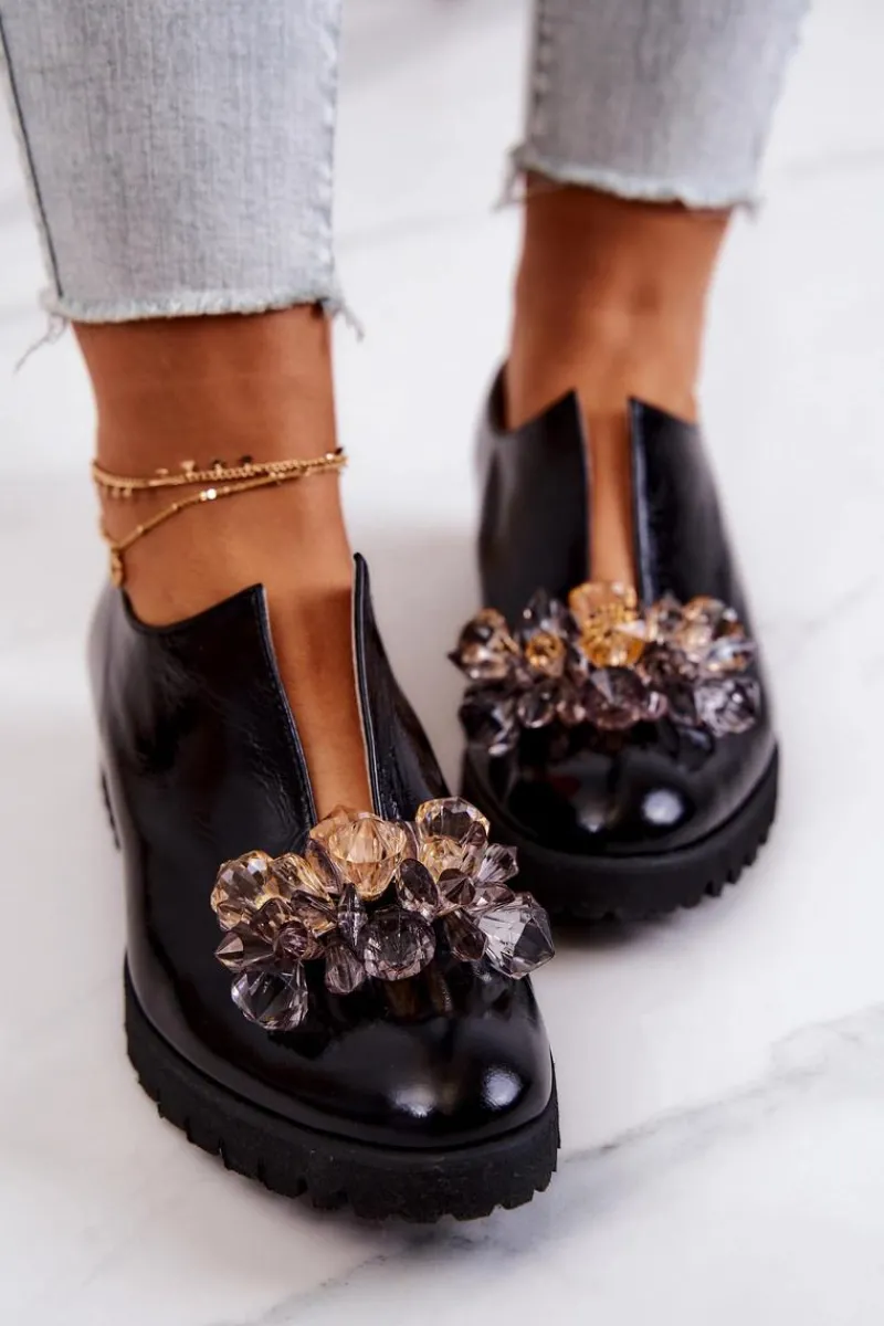 Półbuty Skórzane>Boto Eleganckie Skórzane Półbuty Z Ozdobą Czarne Cindy Czarny