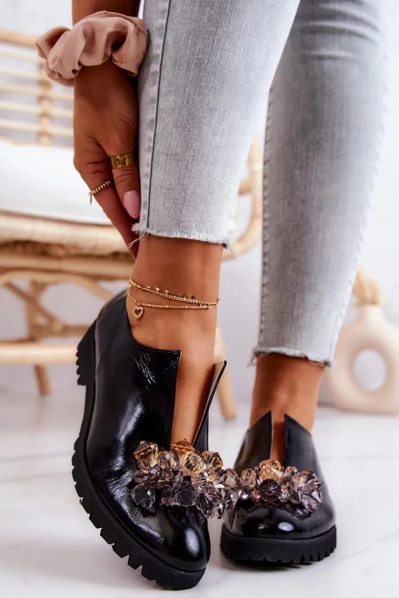 Półbuty Skórzane>Boto Eleganckie Skórzane Półbuty Z Ozdobą Czarne Cindy Czarny